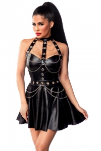 Flared Wetlook Mini Dress with Heart Neckline and Chains
